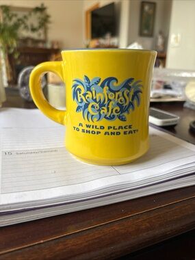 Rainforest Cafe Logo Ceramic Mug Cup A Wild Place To Eat And Shop Yellow Blue